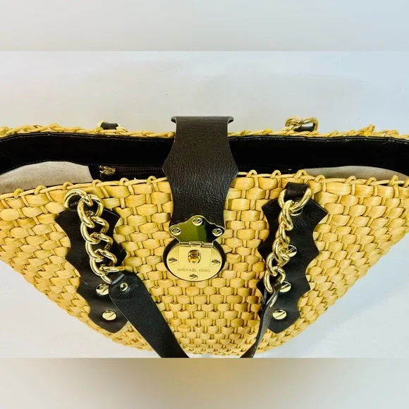 Michael Kors Santorini Raffia Woven Handbag Tote, Brown Leather/Gold Chain Strap - Picture 7 of 15